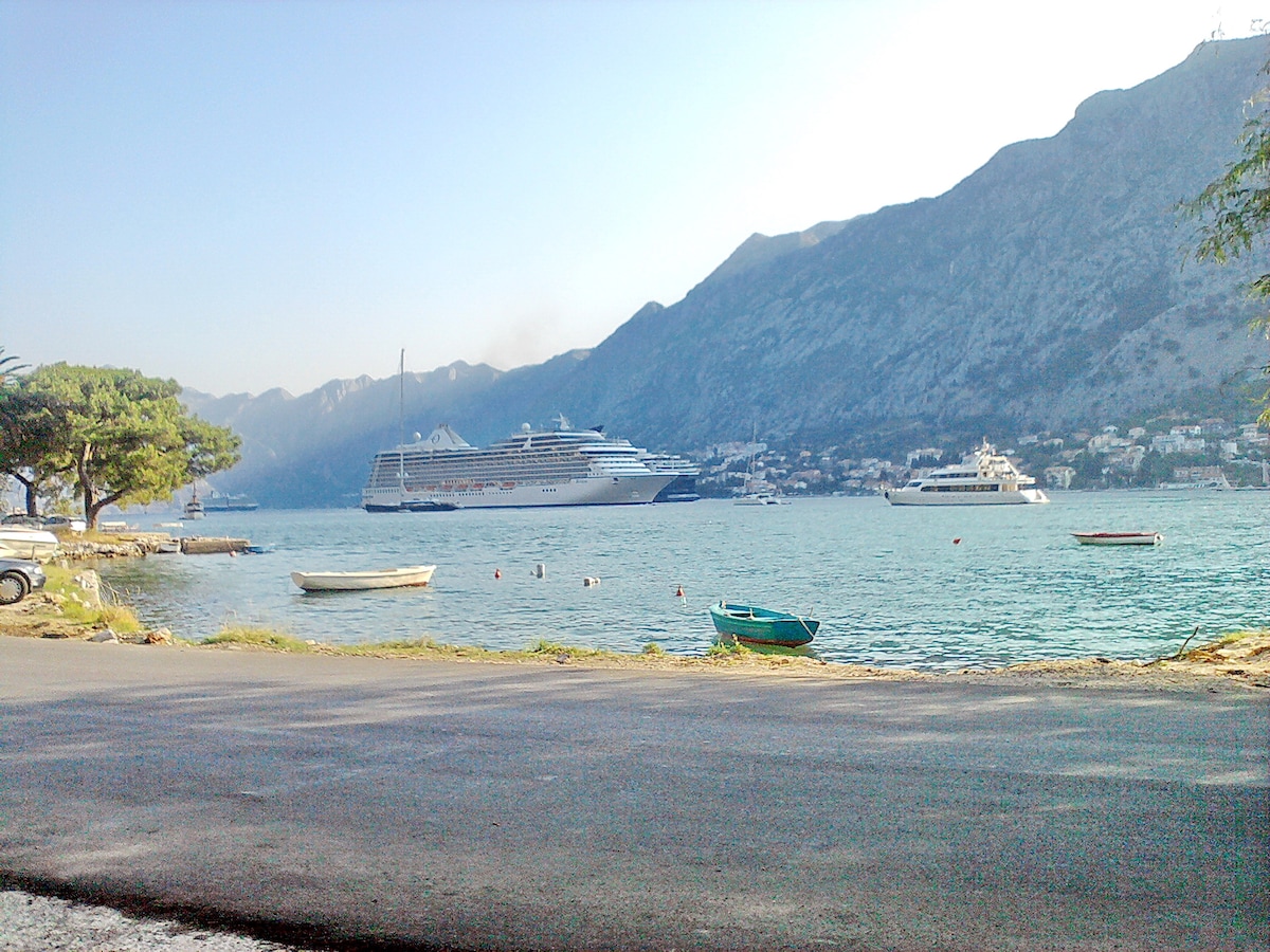A serene view of the coastline features several boats gently floating in clear waters, with mountains rising in the background. A large cruise ship is anchored in the distance, creating a focal point against the vibrant blue hues of the sea.