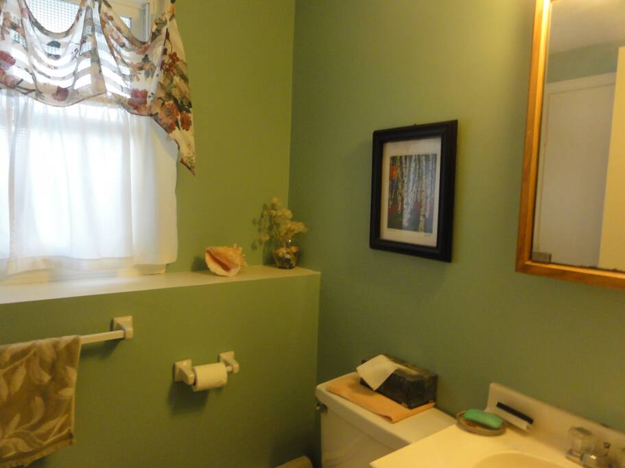 Spacious bathroom with toiletries, hairdryer.