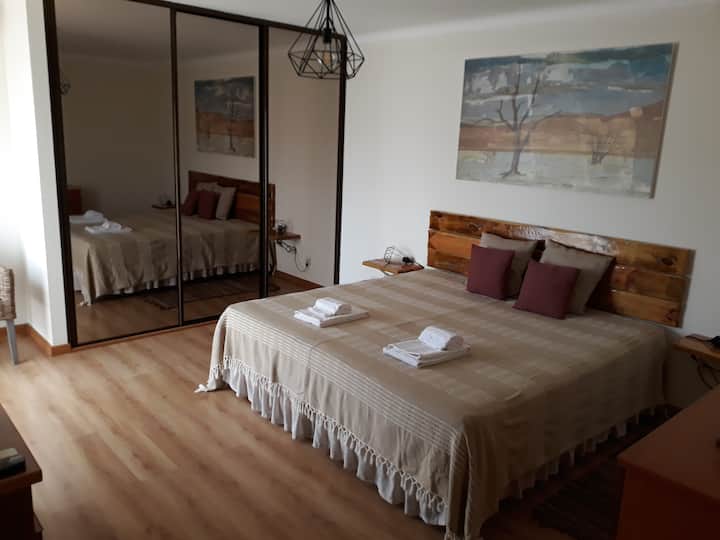 房间位于1楼，配有带露台的加大双人床