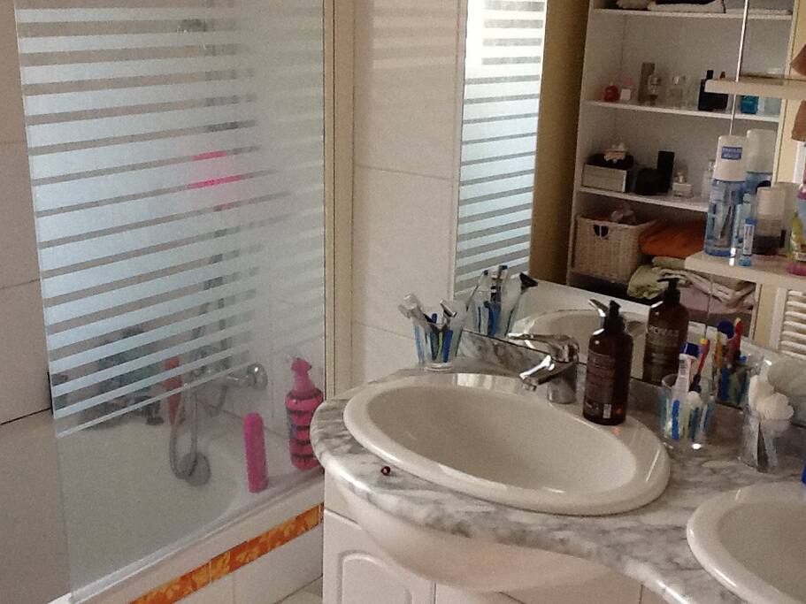 Salle de bain avec douche et double vasque