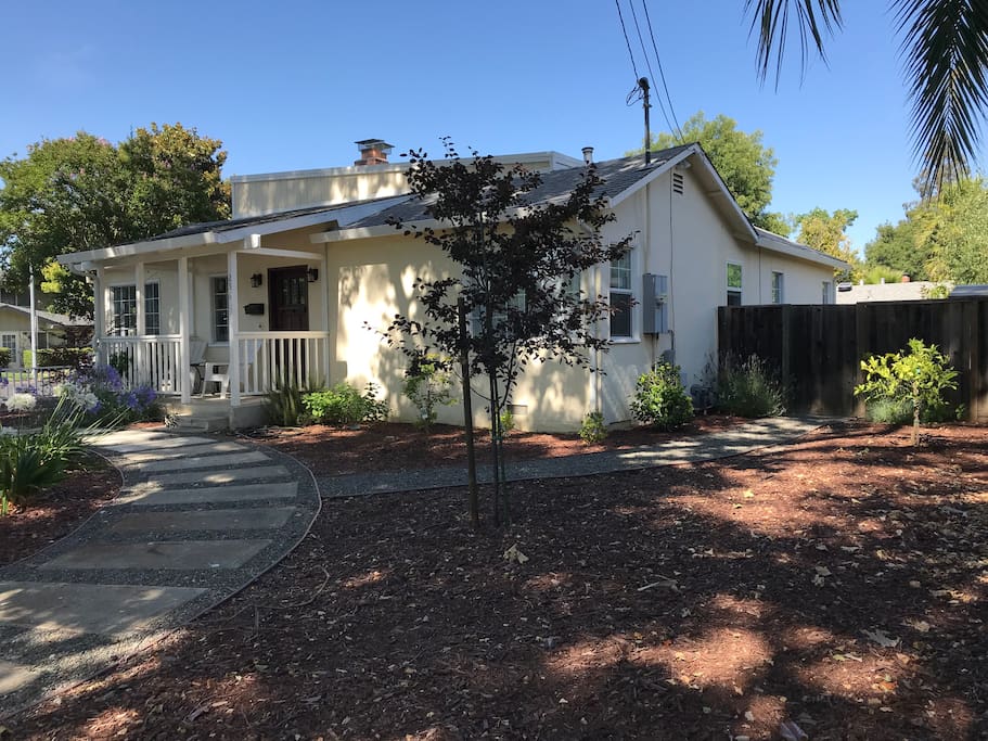 Front yard with new plants growing