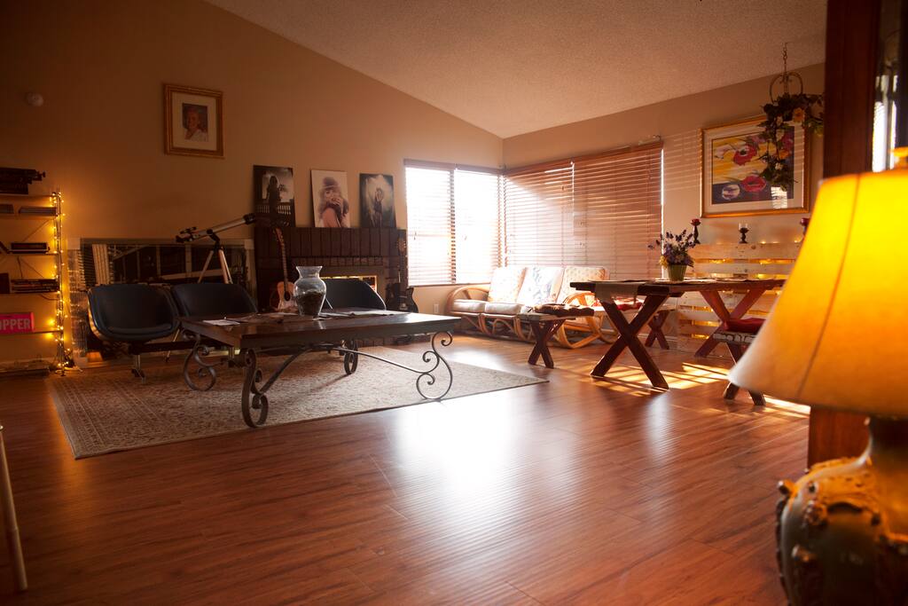 Living Room - Dining and Work areas, Piano and Fireplace