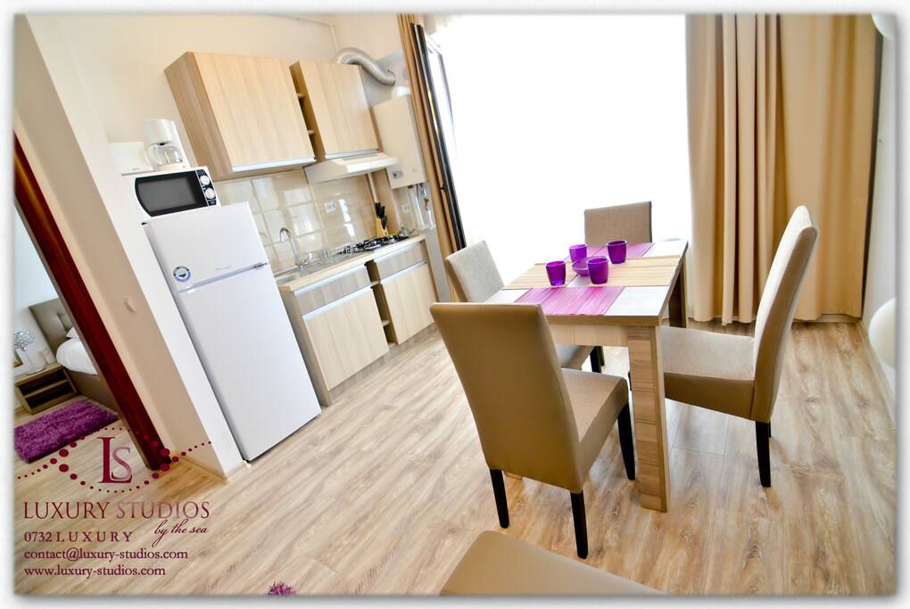 Kitchen facilities include a fridge, cooking machine, central heating with sensor for adjusting the temperature, washing machine, coffee machine, toaster, microwave, juice maker, sandwich maker, professional vacuum cleaner, clothes dryer, cutlery and glasses.