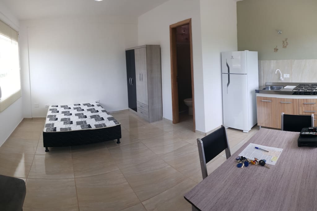 fully furnished , double bed, wardrobe, single sofa bed , table with 4 chairs , sink, stove , refrigerator duplex and tank