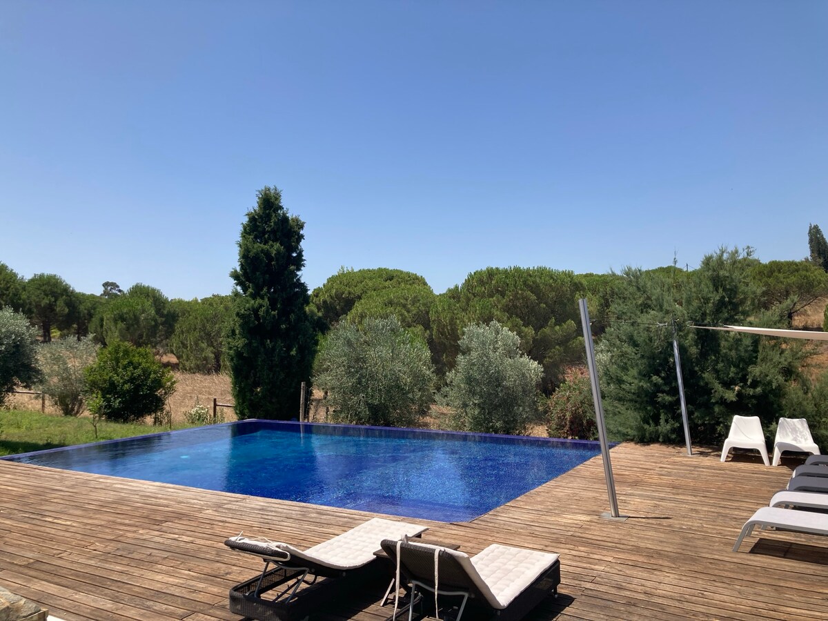 An inviting infinity pool reflects the clear blue sky, surrounded by a spacious wooden deck. Comfortable loungers are positioned for relaxation, while green trees and shrubs provide a serene backdrop. The pool offers a peaceful retreat within the natural landscape.