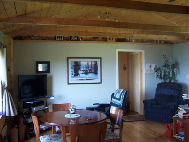 غرفة معيشة كبيرة مع ستيريو وتلفزيون ساتليت