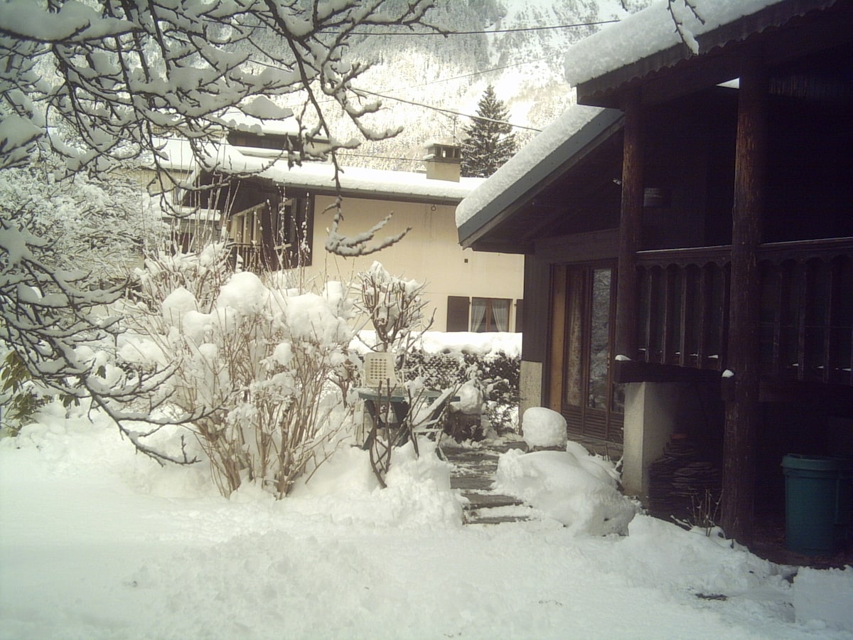 A winter scene shows a chalet surrounded by a blanket of snow, with trees lightly dusted and a clear path leading to the entrance. The structure features wooden detailing, and the nearby shrubs are enveloped in white. Soft snowflakes are visible against the backdrop of the mountains.
