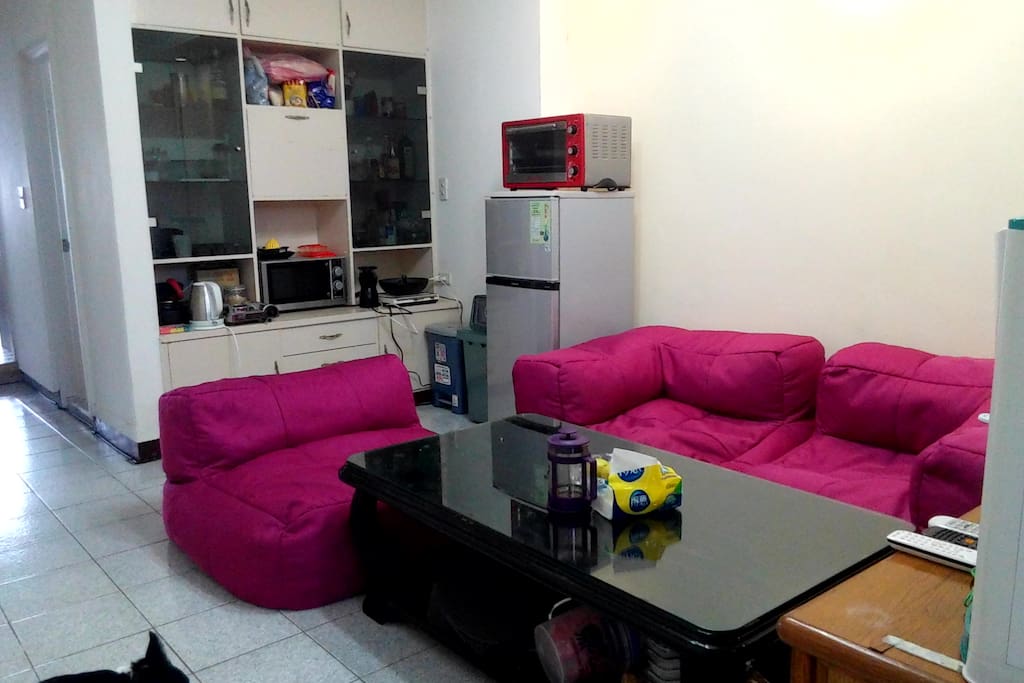 Living space, with TV, fridge, oven, ...