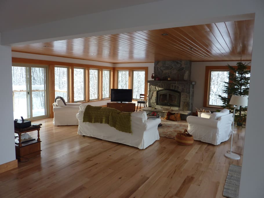 The living room with large fireplace