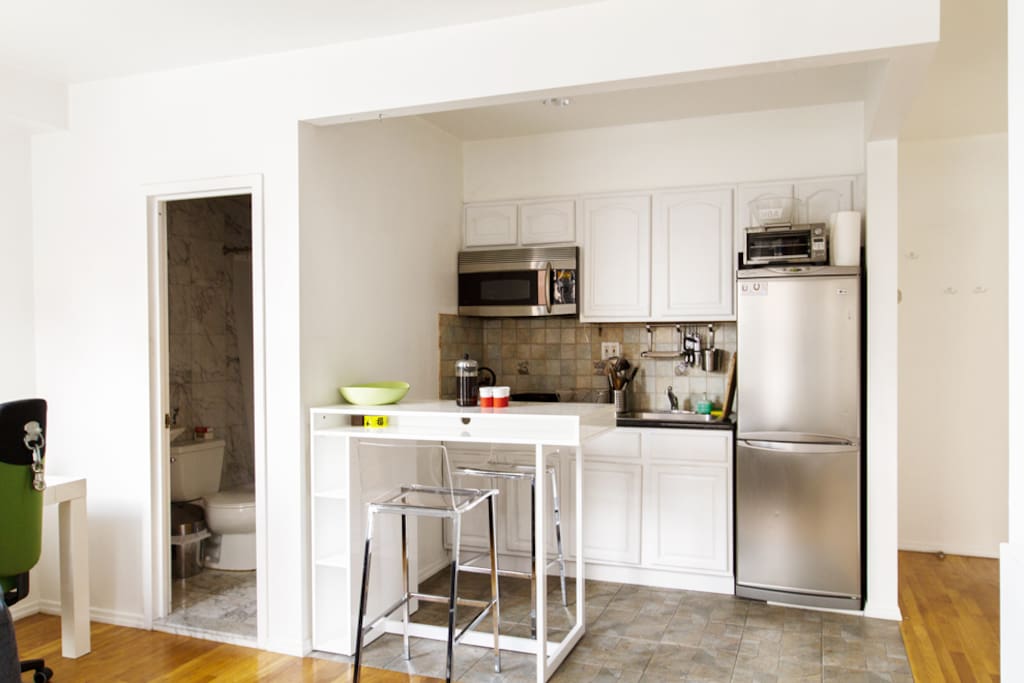 The kitchen is perfect for coffee and breakfast in the morning.