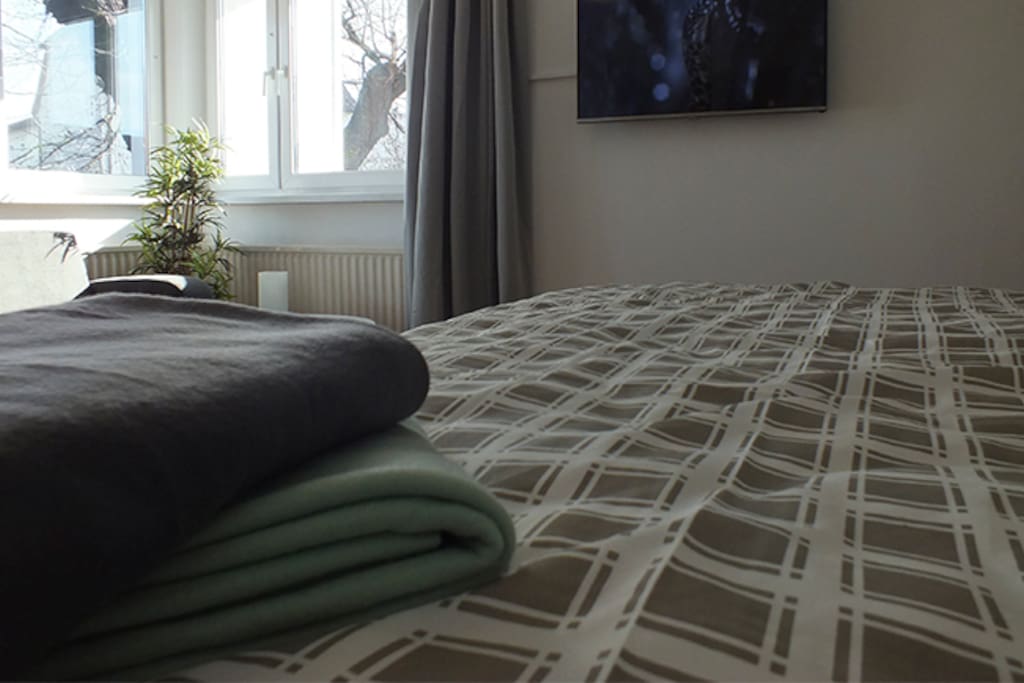 Boxspringbett, Doppelbett, Bettwäsche, TV