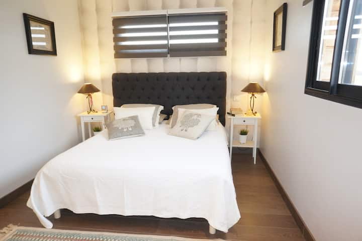 双面主卧套房配备160 x 200床，配有床垫和记忆海绵枕头 