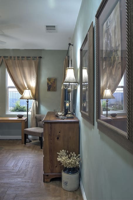 Guest Suite measures around 13' x 13' and both wired and wireless high-speed internet service is available.