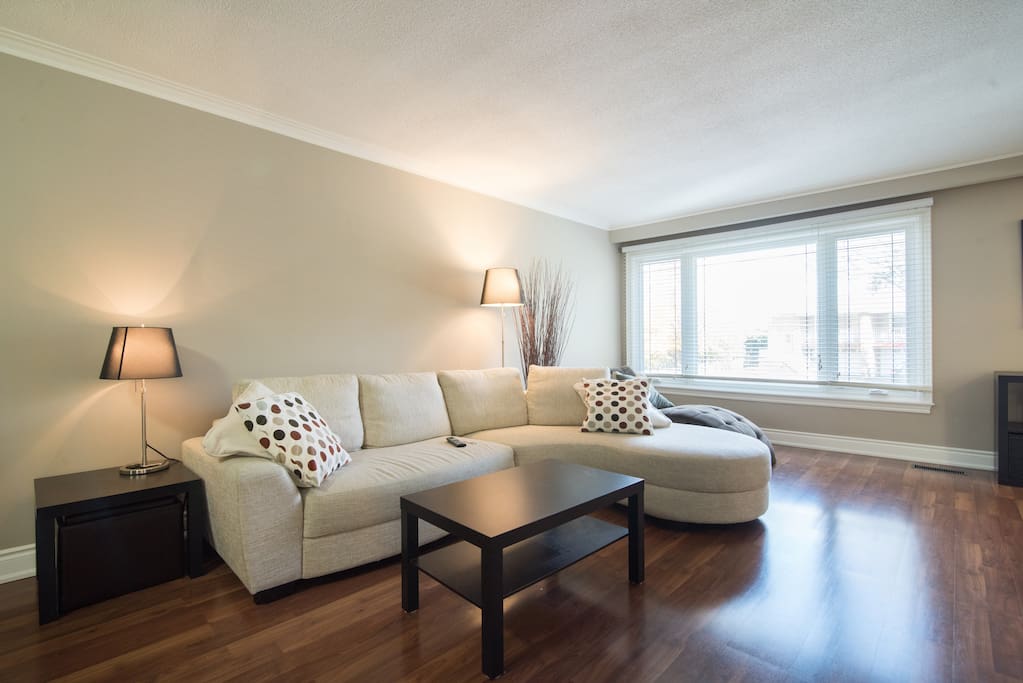 Bright living room with large window and modern sectional