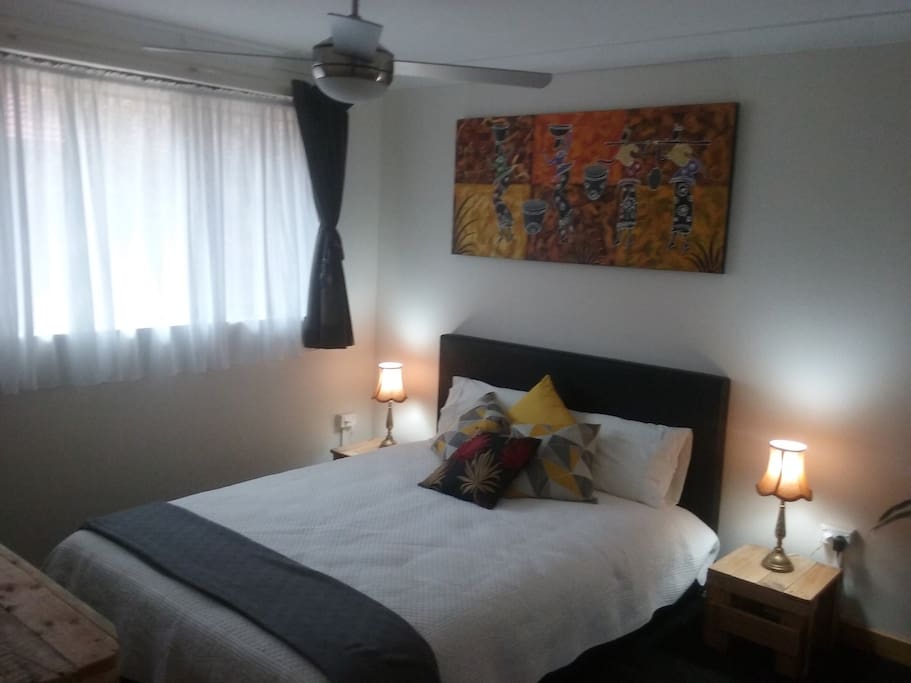 Your Room Queen size Bed ,mirrored wardrobe,desk,stool and drawers,ceiling fan..