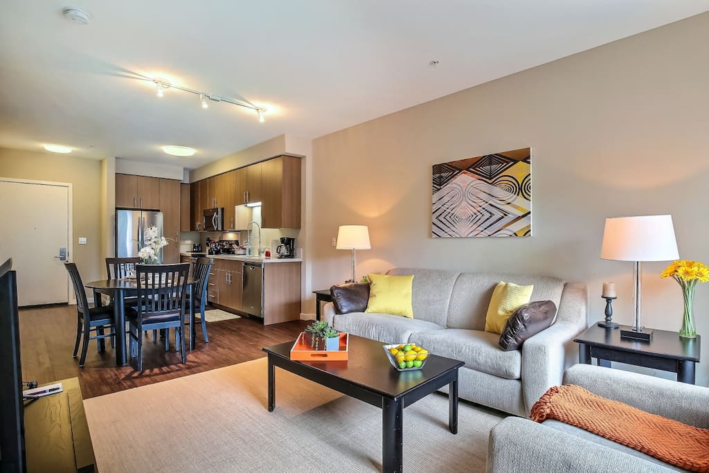 Living room, kitchen, and dining