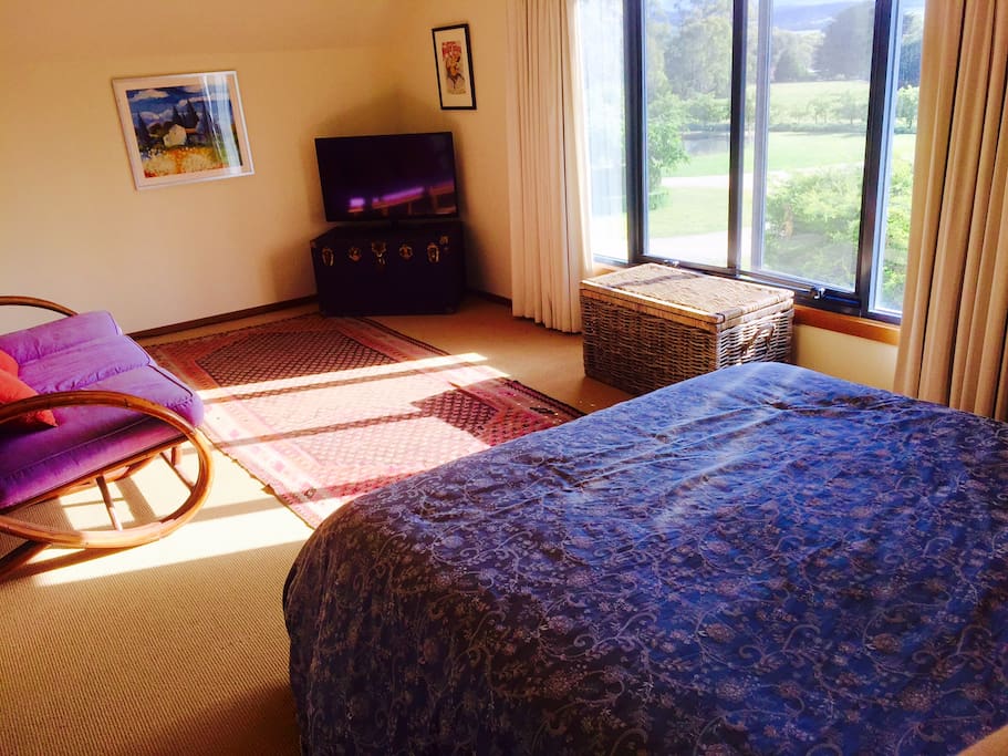 King size master bedroom with views over paddocks to Mount Barrow