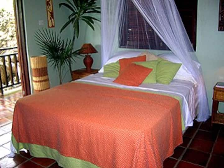 Bedroom with Queen size bed and good size closet, equipped with ceiling and floor fan for your comfort