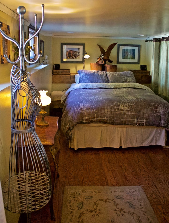 Დედოფლის ზომის საწოლი და დიდი სივრცე უამრავი საკიდით ტილოს დასაკიდად.