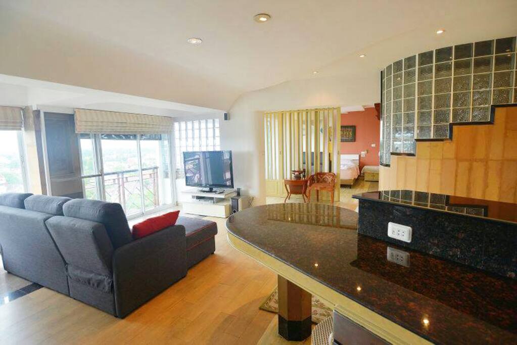 The bar and living room