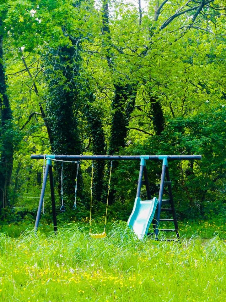 A play area is visible, featuring a swing set and a slide. Surrounding greenery includes tall grass and trees, creating a natural and serene environment. The equipment is presented in a bright color, contrasting with the lush foliage.