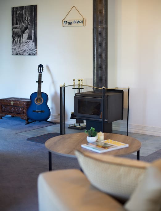 A cosy wood fire in the shared lounge for the cooler months...