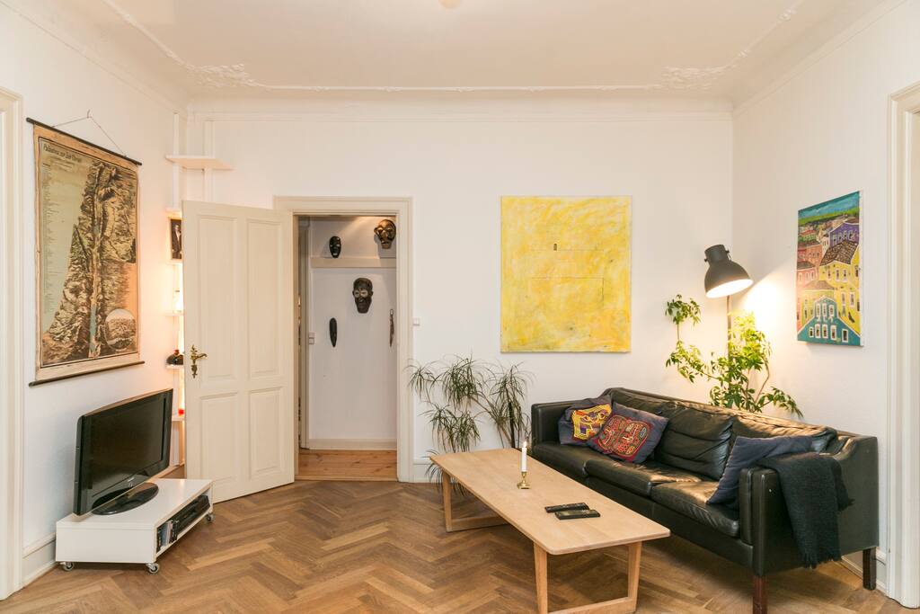 The other end of the living room. There are no carpets in the entire apartment because the oak parquet flooring is so beautiful