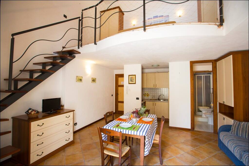 Living room, kitchen and bathroom
