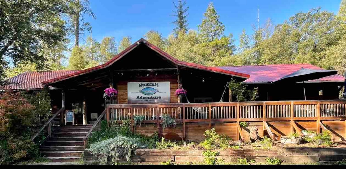 The rustic log cabin features a wide wooden deck adorned with planters and a sign indicating adventure services. The roofline is accented by a sloping design, and surrounding greenery adds to the natural setting. Stairs lead up to the entrance of the cabin.