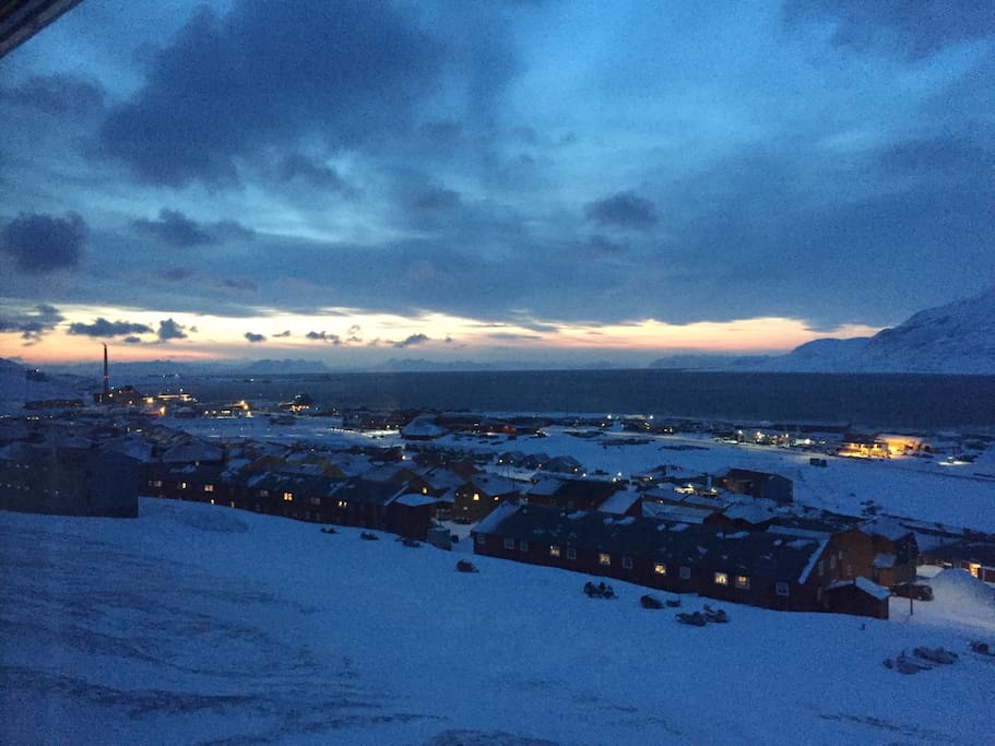 Panorama view from the apartment. Sea side area, and the Isfjord in front. North direction.