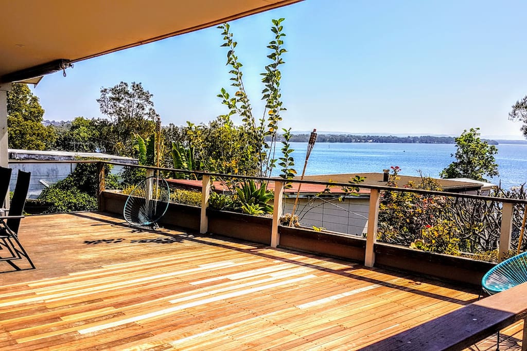 large back deck and view of the lake
