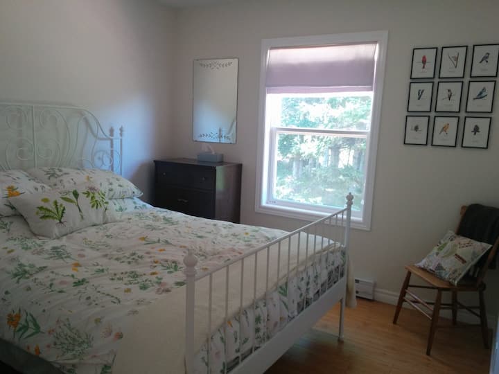 חדר הגינה עם מיטת קווין סייז, שידה וארון מלא