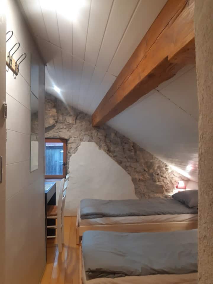 Chambre longue : 4 lits simples dont 2 sont approchables.