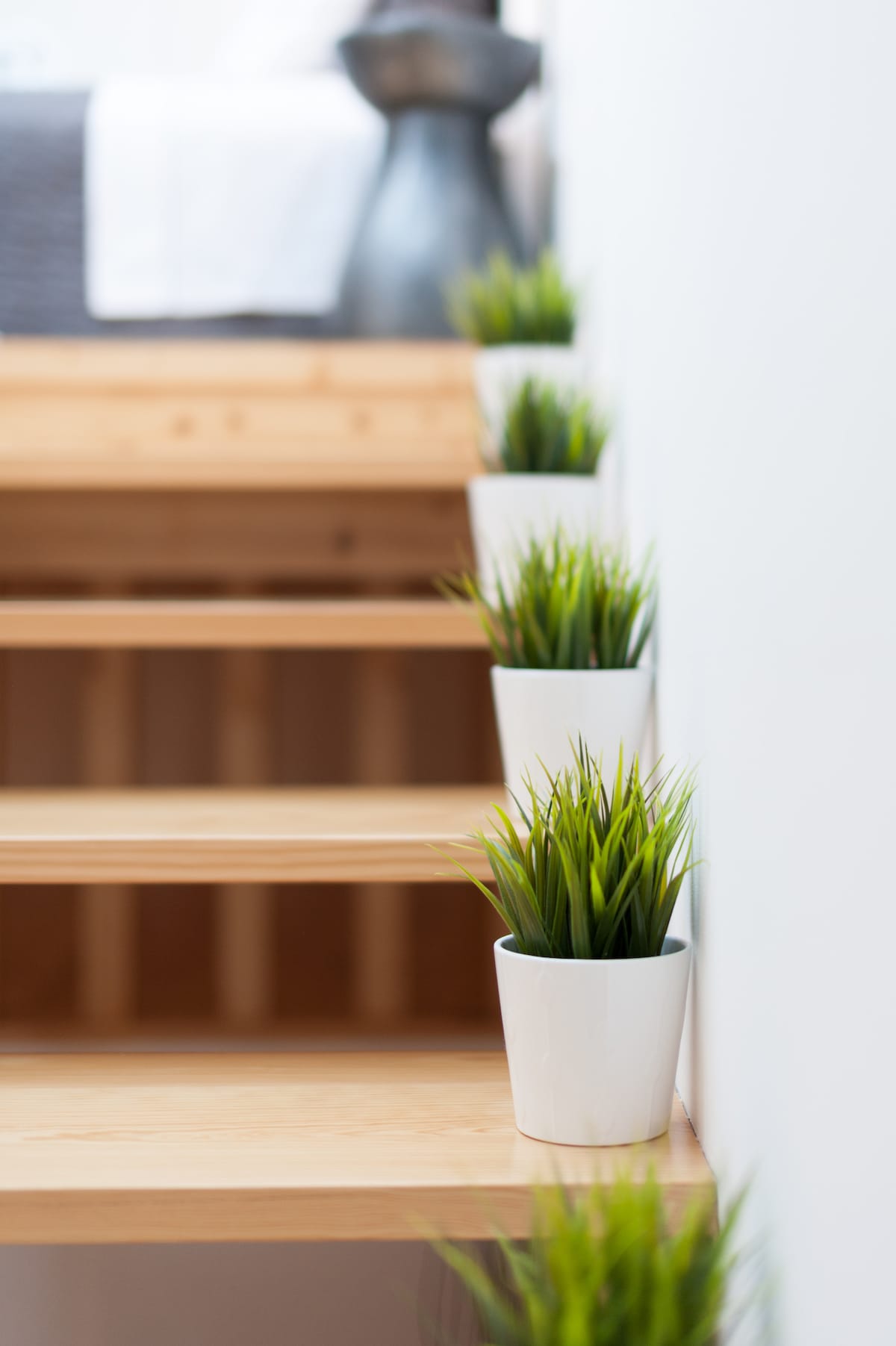 A wooden staircase is lined with small white pots, each containing vibrant green plants. The polished steps provide a warm, inviting path leading towards the upper level of the apartment.