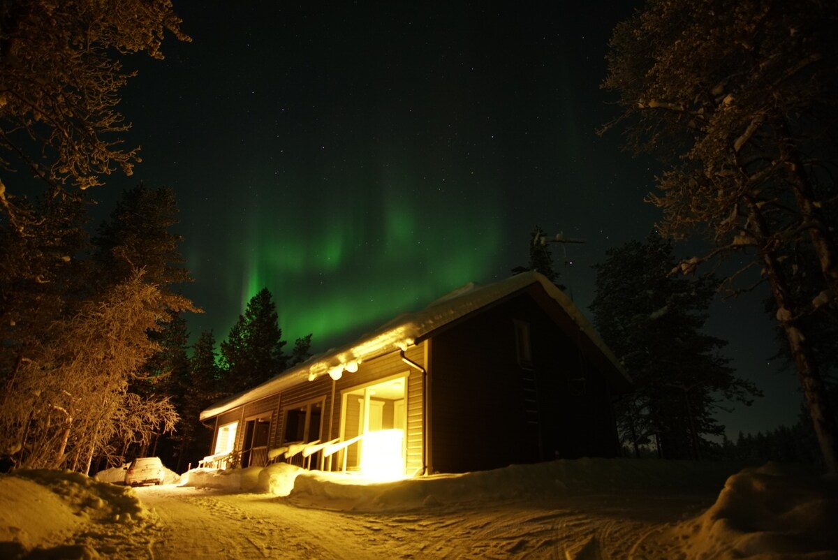 A wooden building is positioned under a night sky illuminated by vibrant green northern lights. Snow covers the landscape, and trees are visible in the surroundings. Warm light spills from the structure, creating a contrast against the dark winter scene.