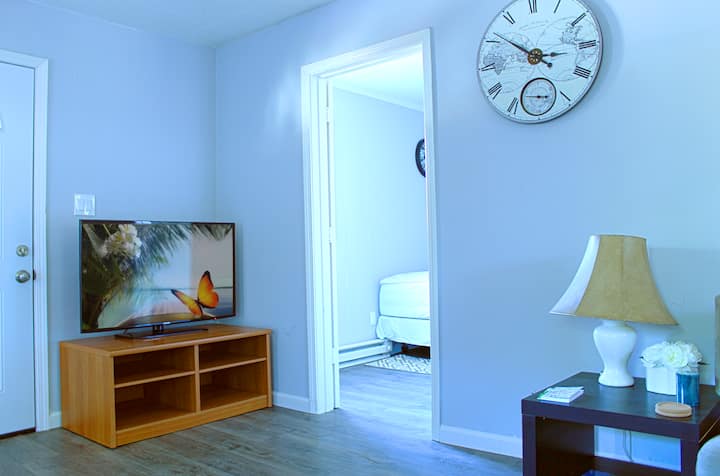 Disfruta del hermoso televisor de 40pulgadas en la espaciosa sala de estar con acceso directo al dormitorio privado.