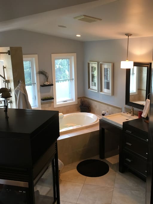 Huge ensuite with an incredible shower with a rain head and an air-jet tub with chromatherapy, fireplace, dual wading sinks