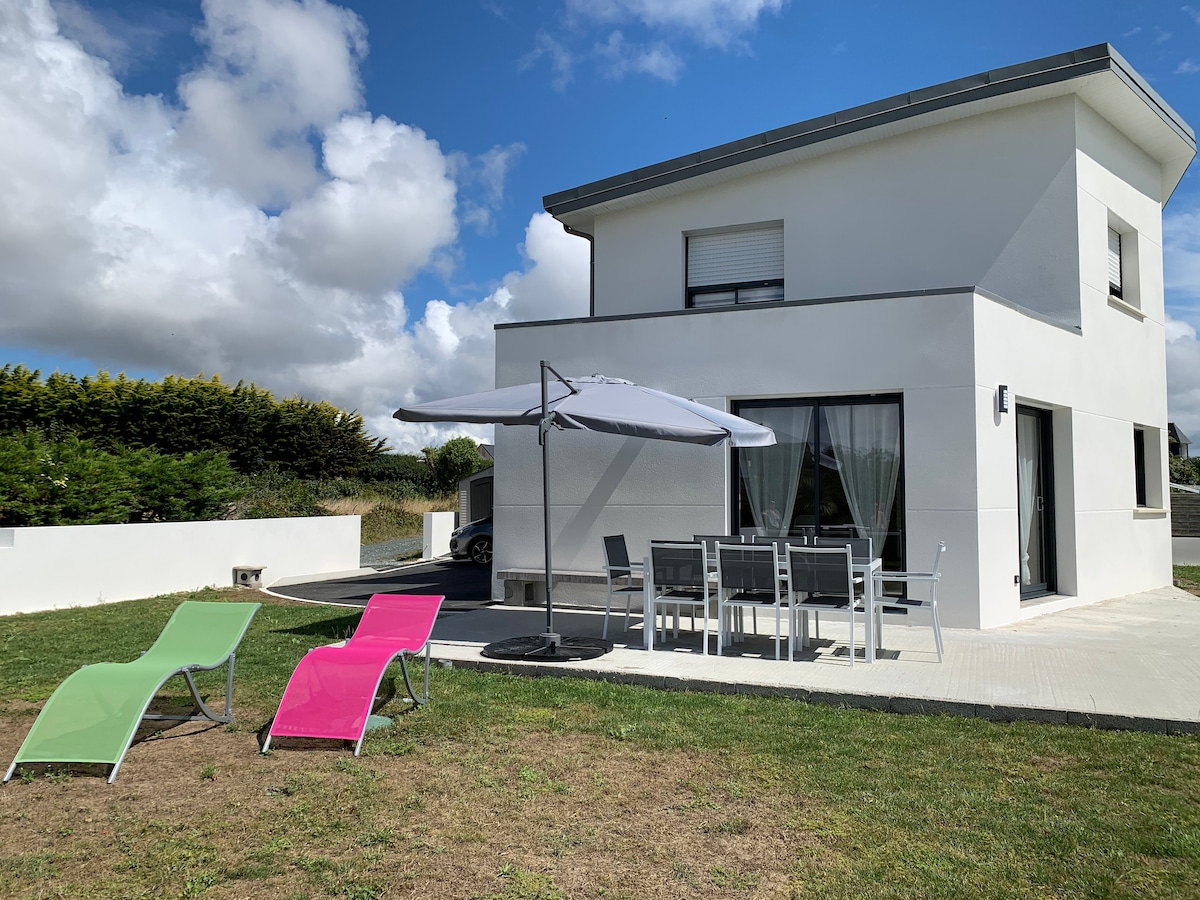 A contemporary house is featured with a well-maintained lawn. Two lounge chairs in bright pink and green are positioned beside a large parasol. The outdoor dining area is visible, with a table and chairs arranged on a paved patio.