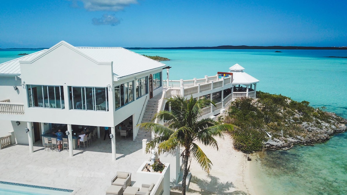 The villa is showcased with its modern architecture, featuring large glass windows that overlook the turquoise waters. A palm tree is positioned in front, while the surrounding landscape includes a private beach and an elevated deck, providing a seamless connection to the outdoor environment.