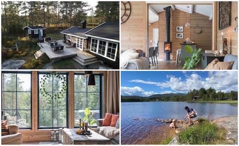 Stylish family cabin near bathing water and mountain peaks