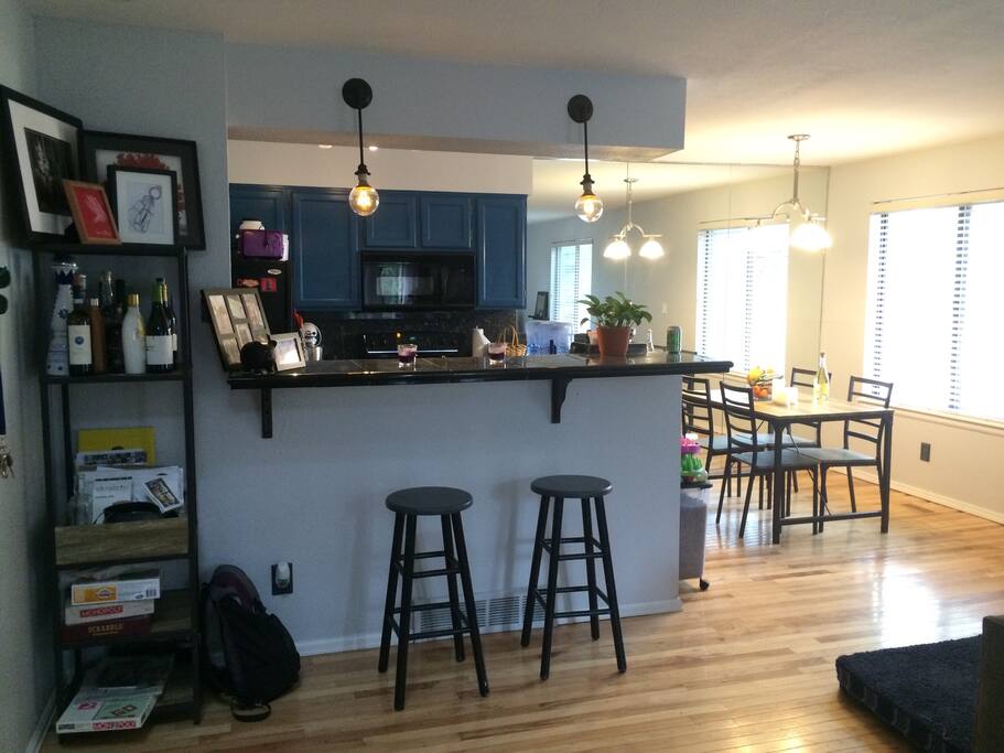 Kitchen and dining room table view from the front door