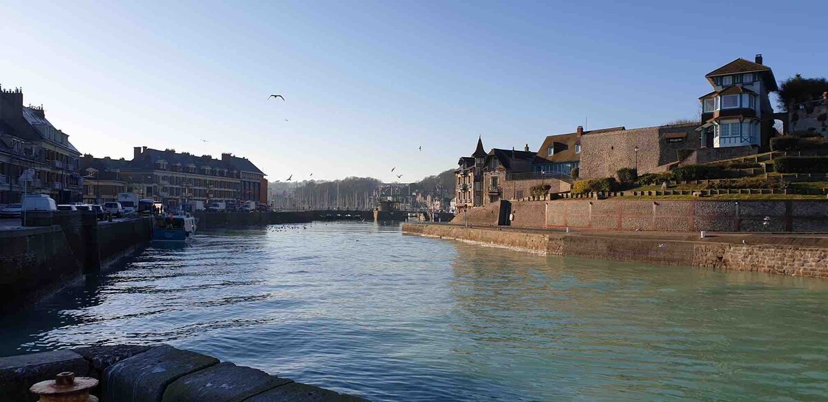 A tranquil view of the port, with calm waters reflecting the clear sky. Quaint buildings line the shore, showcasing a mix of architectural styles. Sailboats are moored in the harbor, and seagulls can be seen soaring overhead, adding to the serene coastal ambiance.