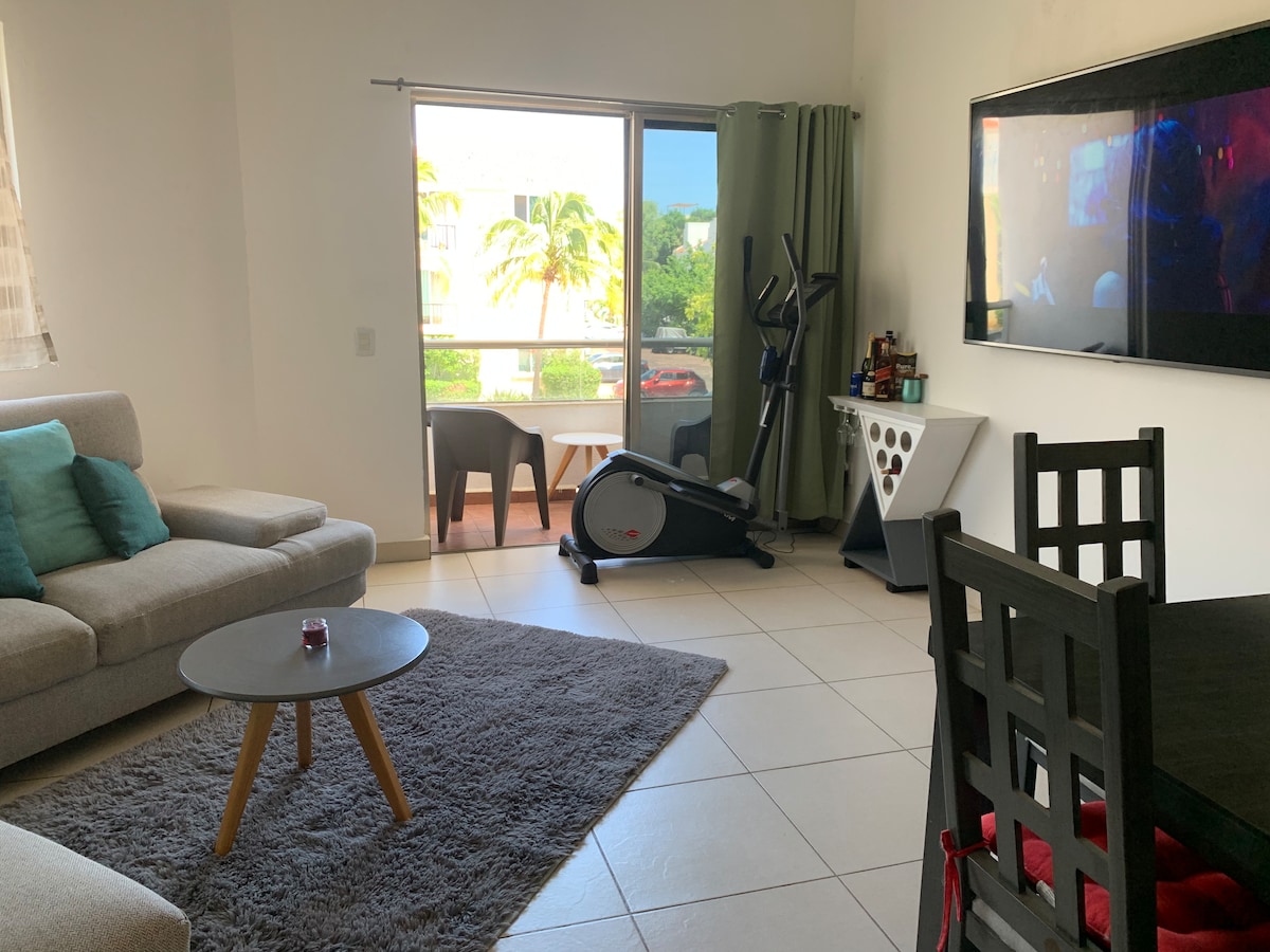 A modern living area is depicted with a light-colored sofa featuring teal cushions, situated on a textured gray rug. An exercise machine stands nearby, alongside a minimalist dining table. Large windows allow natural light, framing views of palm trees outside.
