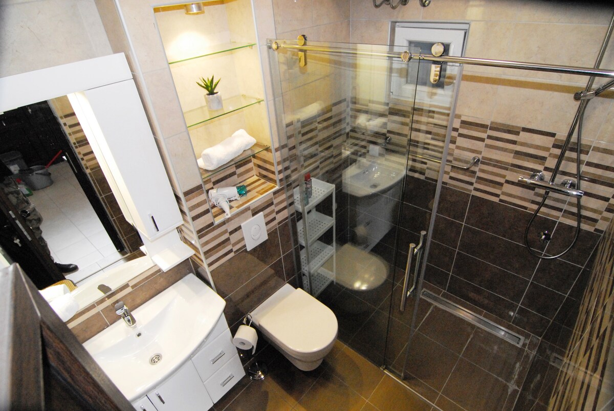 A well-appointed bathroom features a glass shower enclosure and modern fixtures. A sleek vanity with sink provides storage space, while neutral tiles and a stylish accent wall create a contemporary ambiance. Towels and toiletries are neatly arranged on a shelf, enhancing the functionality of the space.