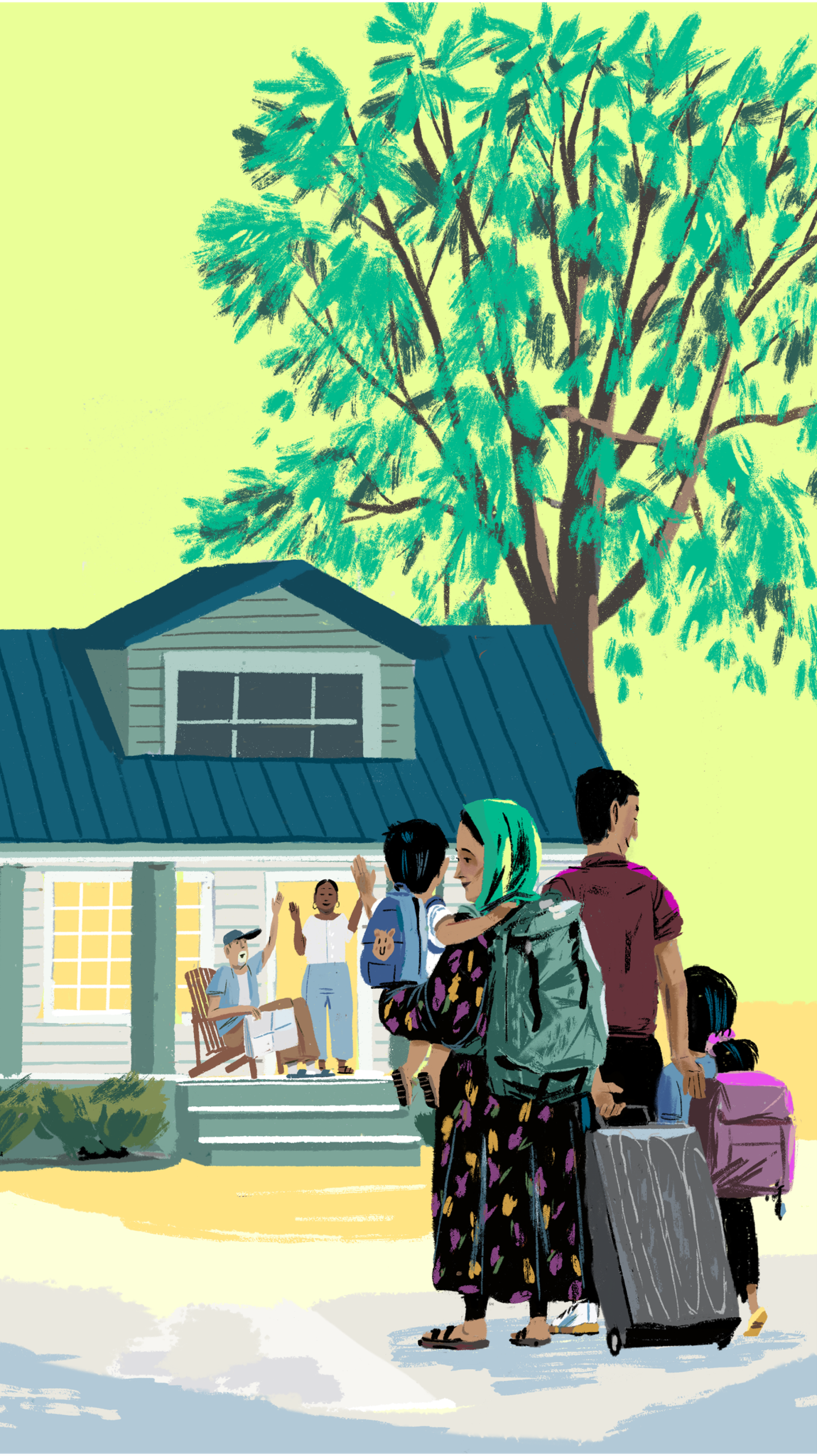 Drawing of two people on their porch, waving at an approaching family with kids and luggage. The mom wears a headscarf.
