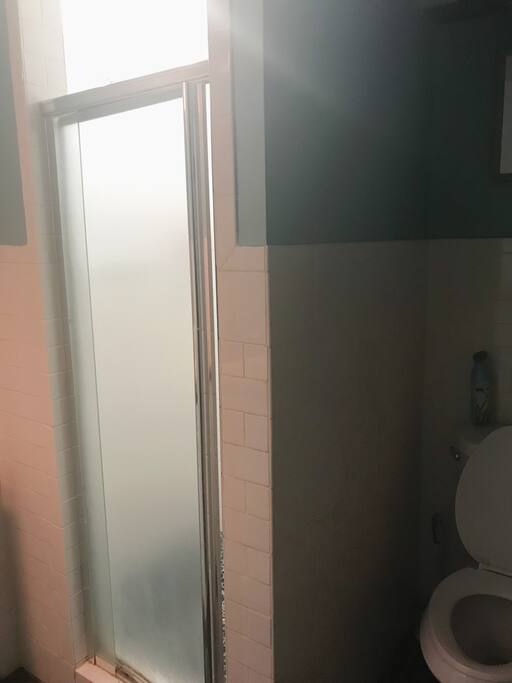 Our full bathroom features a walk-in shower with grey pebble stone tile.