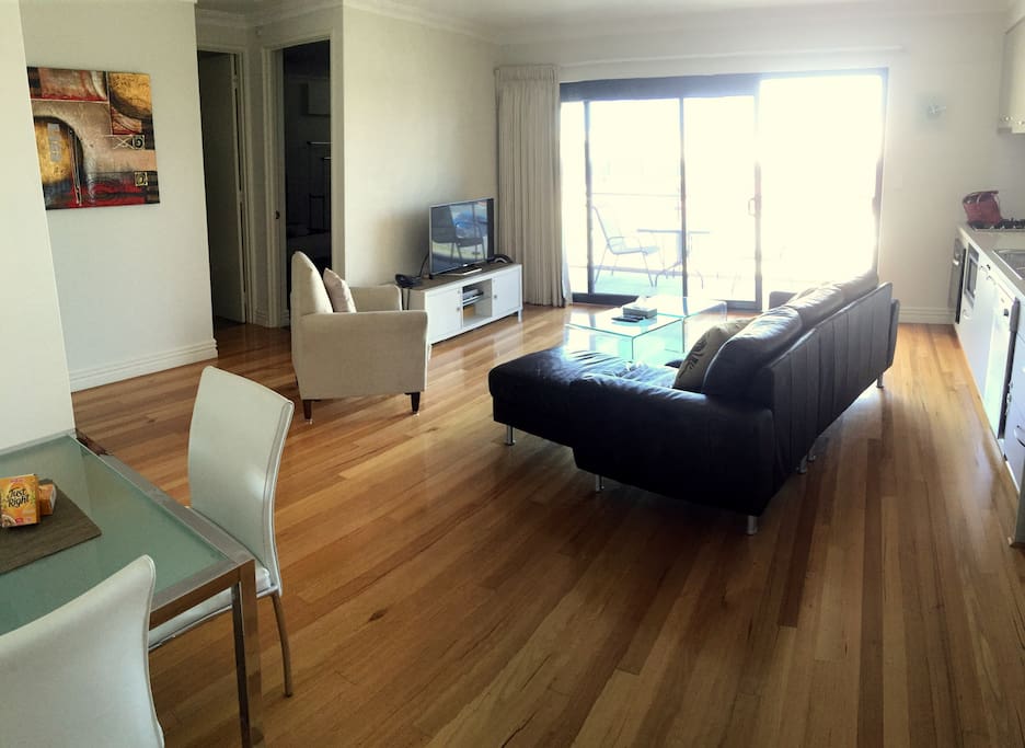 Great light and air as whole space opens onto wide balcony. Large reverse cycle airconditioner.