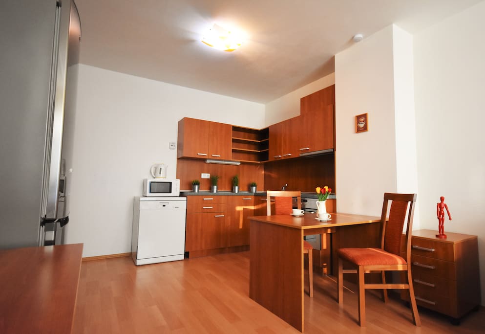 Large kitchen with electric stove, oven, microwave and dishwasher.