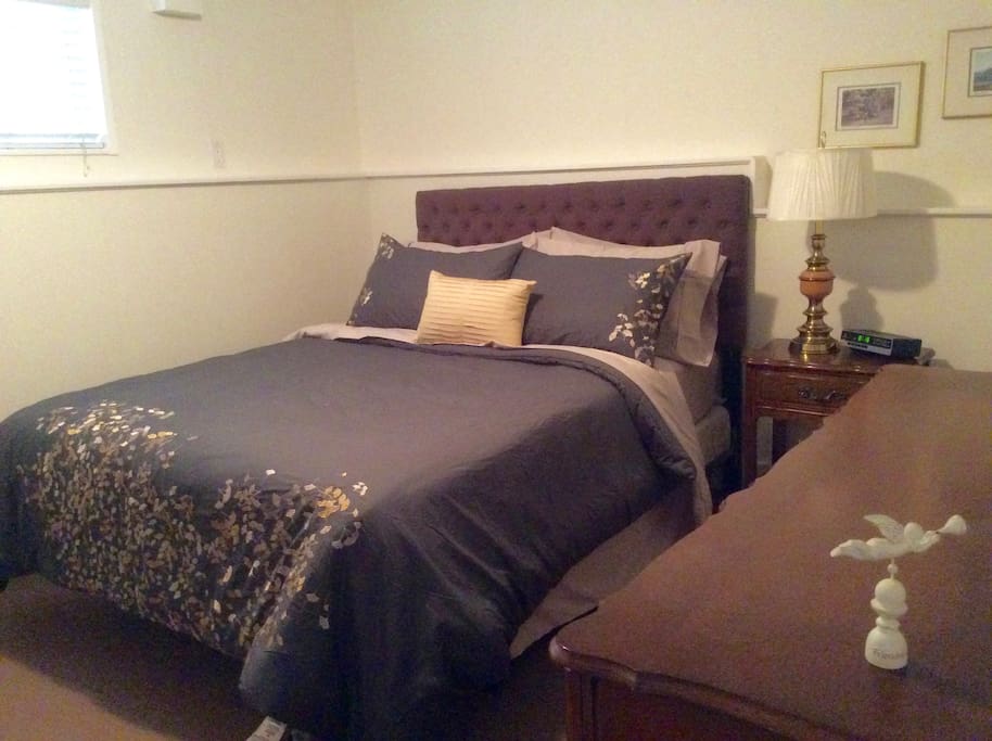 Bedroom #1 with Queen Bed, dresser with mirror, and armchair reading area (in corner, not shown in photo). Closet in hallway just outside room. North facing window.