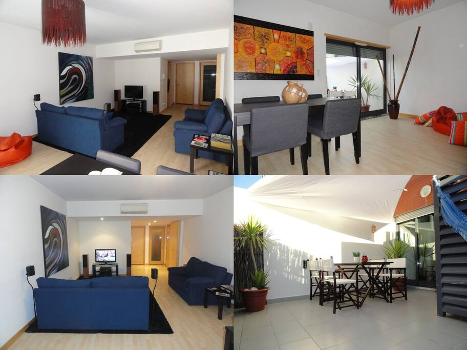 Sala de estar e de jantar toda equipada com sistema de som tv, wi fi e ar condicionado com dormida para duas pessoas